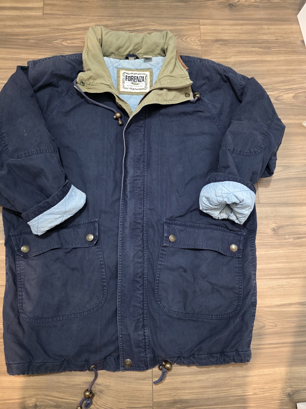 VTG 90s Forenza Modern Classics Hooded Parka Jacket Navy Oversized L XL Leather
